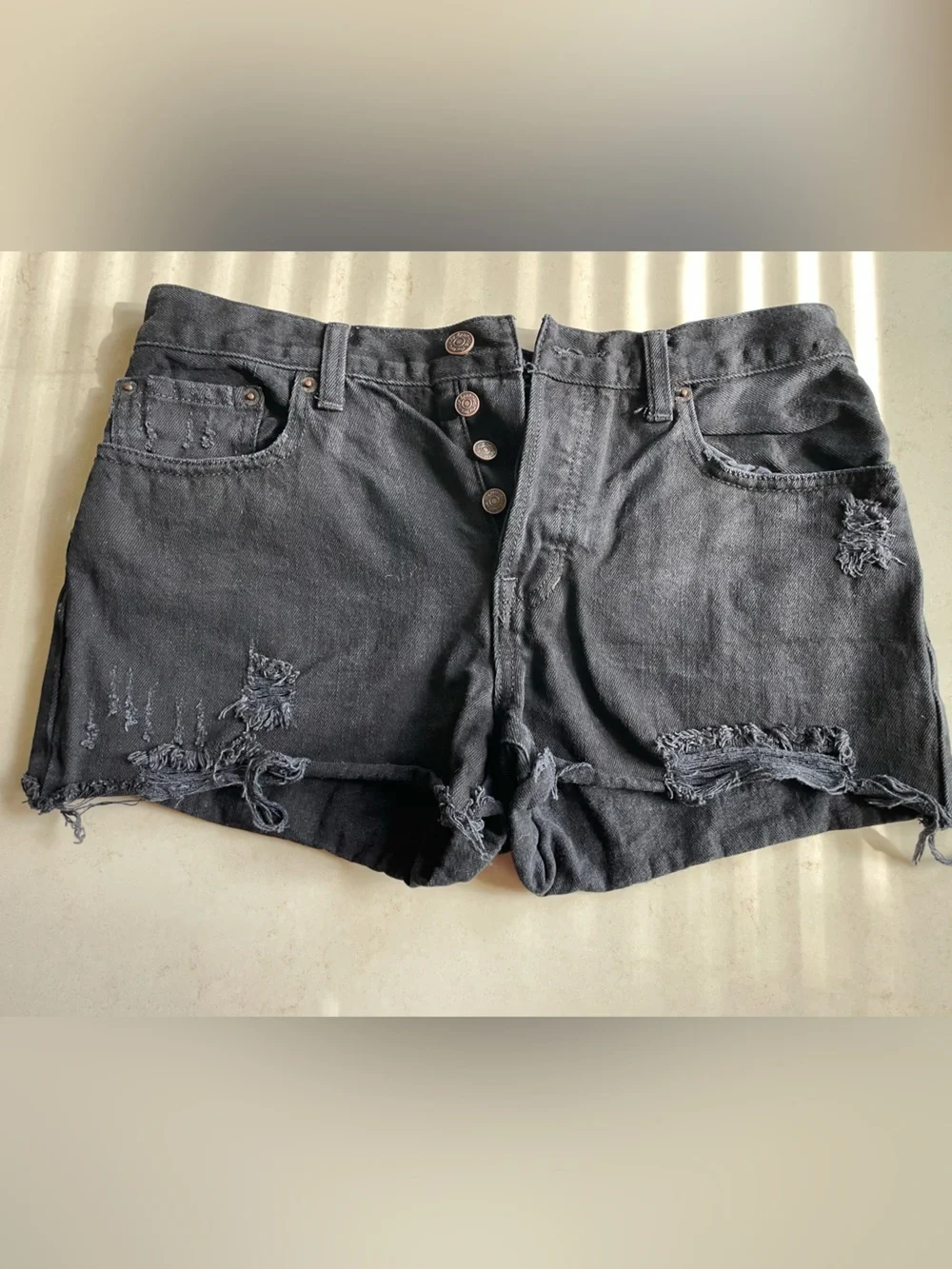 Free People We the Free Black Denim Distressed Shorts